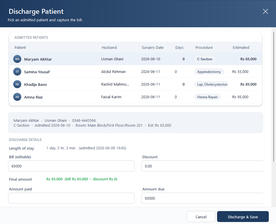 Discharge and billing — final bill, discount, payment mode and printed receipt