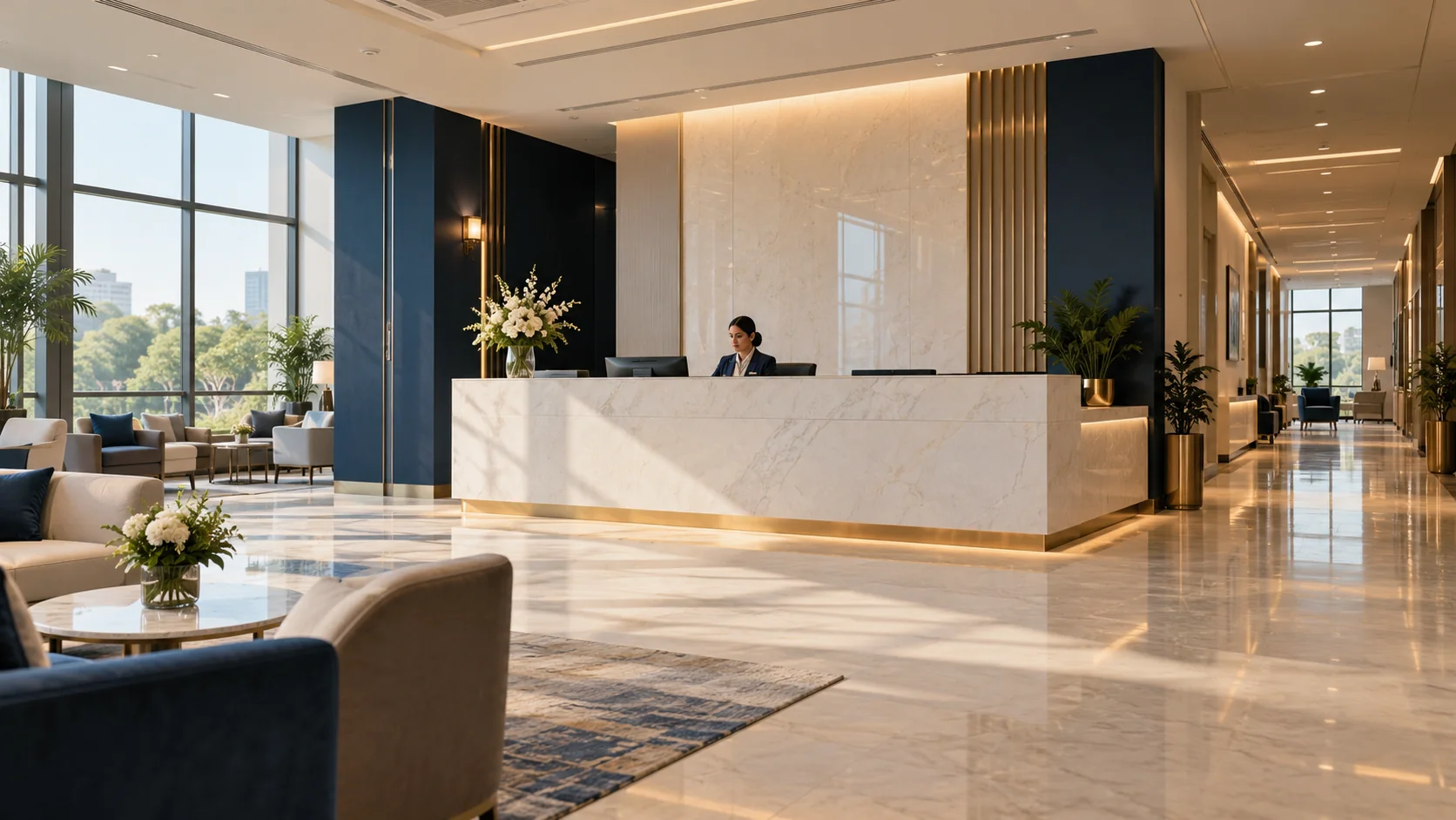 An inviting hospital reception with a receptionist at a pearl-white desk