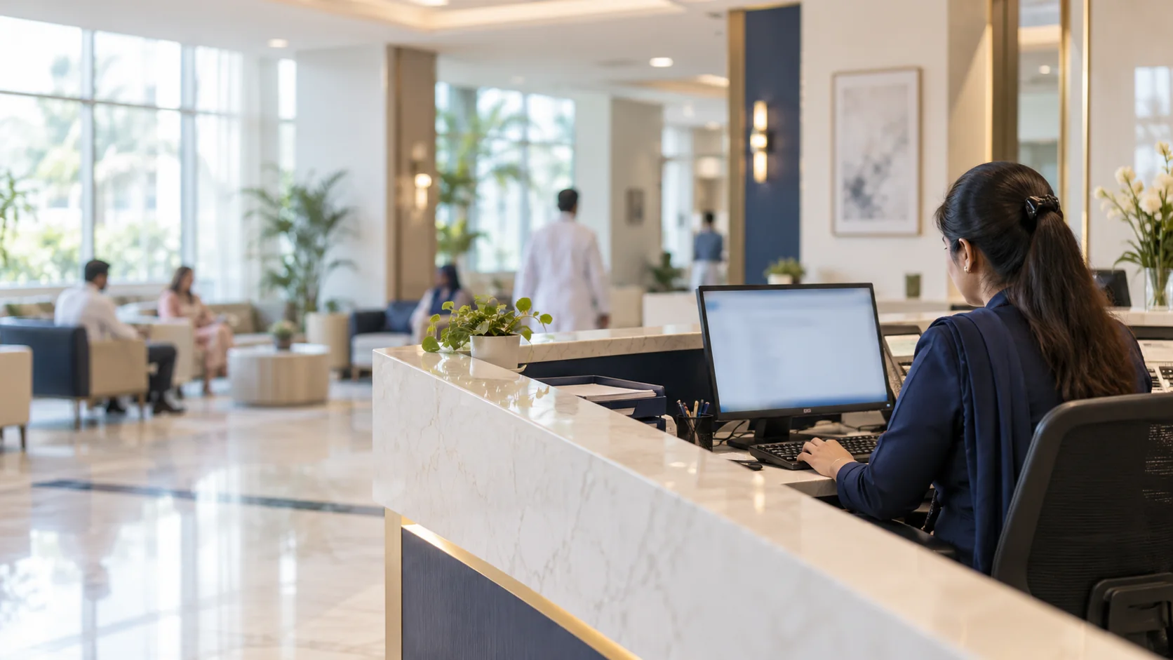 A hospital administrator working at a reception computer