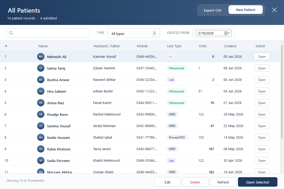 Patient directory with search, filters and CSV export