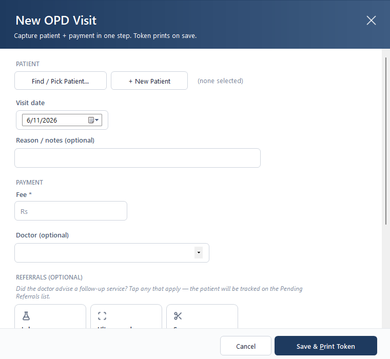 Visit entry — visit type chips, doctor assignment and automatic fees